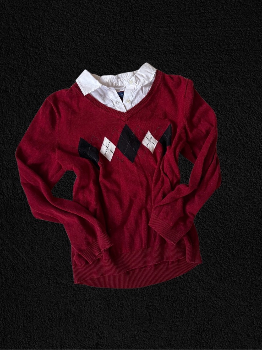 Burgundy Argyle V‑Neck Sweater with Layered Collar